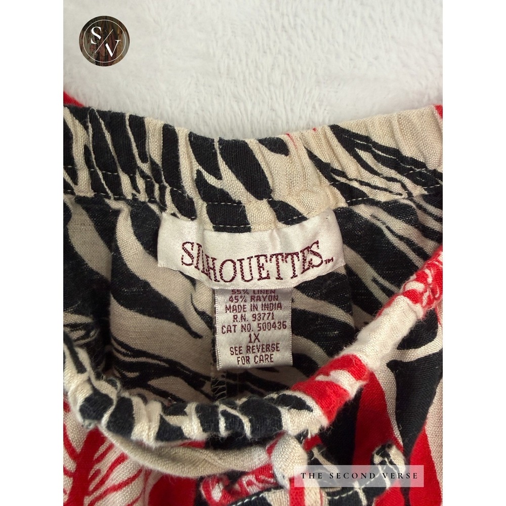 VTG Tropical Palm Print Linen Pants Red Black Cream Wide Leg Pull On Drawstring - Picture 10 of 10